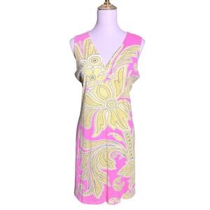 Before Again Pink Yellow Floral Scroll V-Neck Sleeveless Jersey Shift Dress L